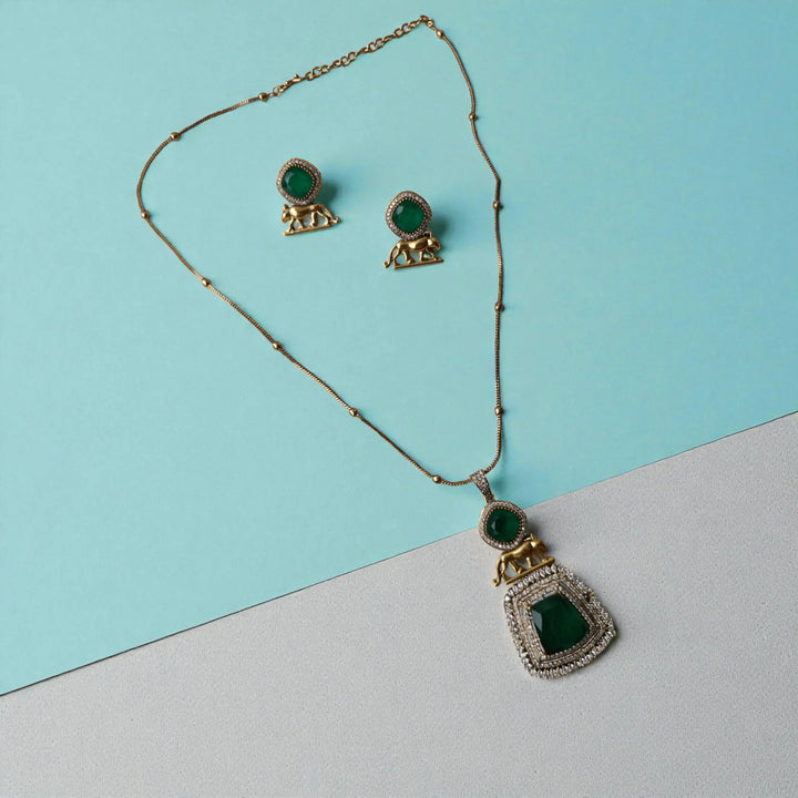Premium Emerald Green Stone Pendant Necklace Set