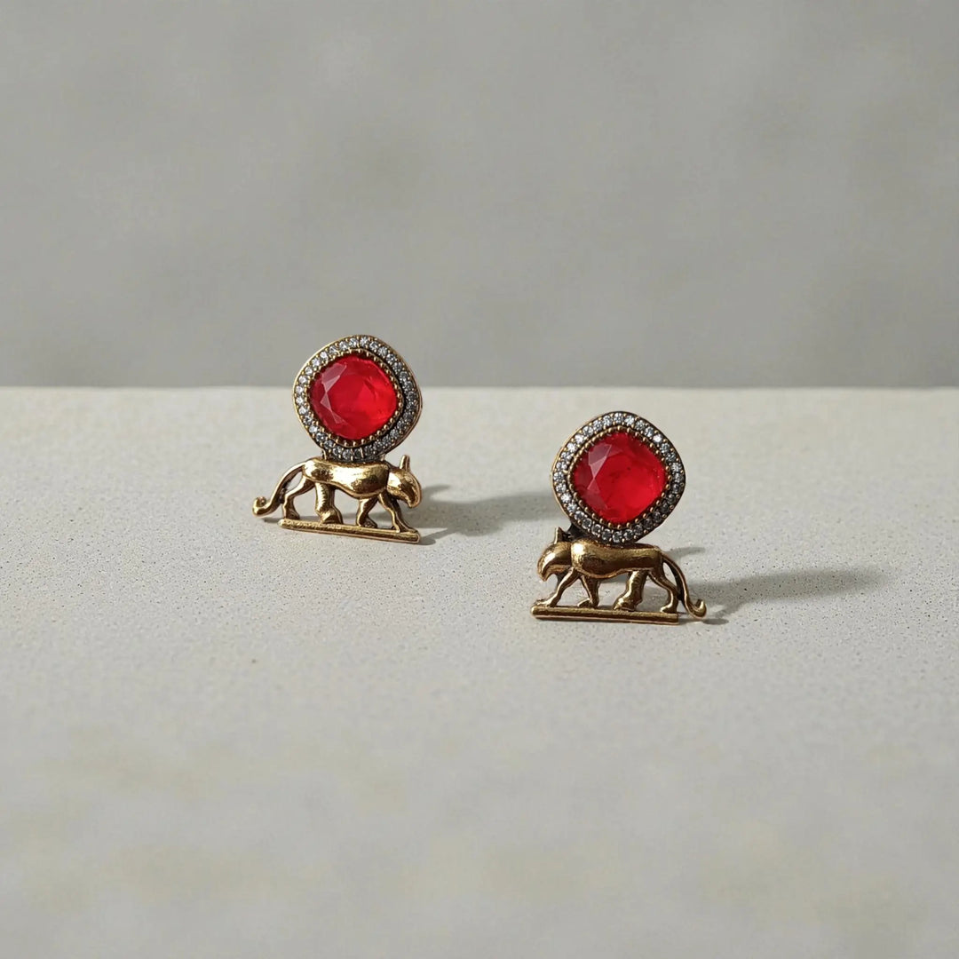 Modern Gold & Red Stone Pendant Necklace Set