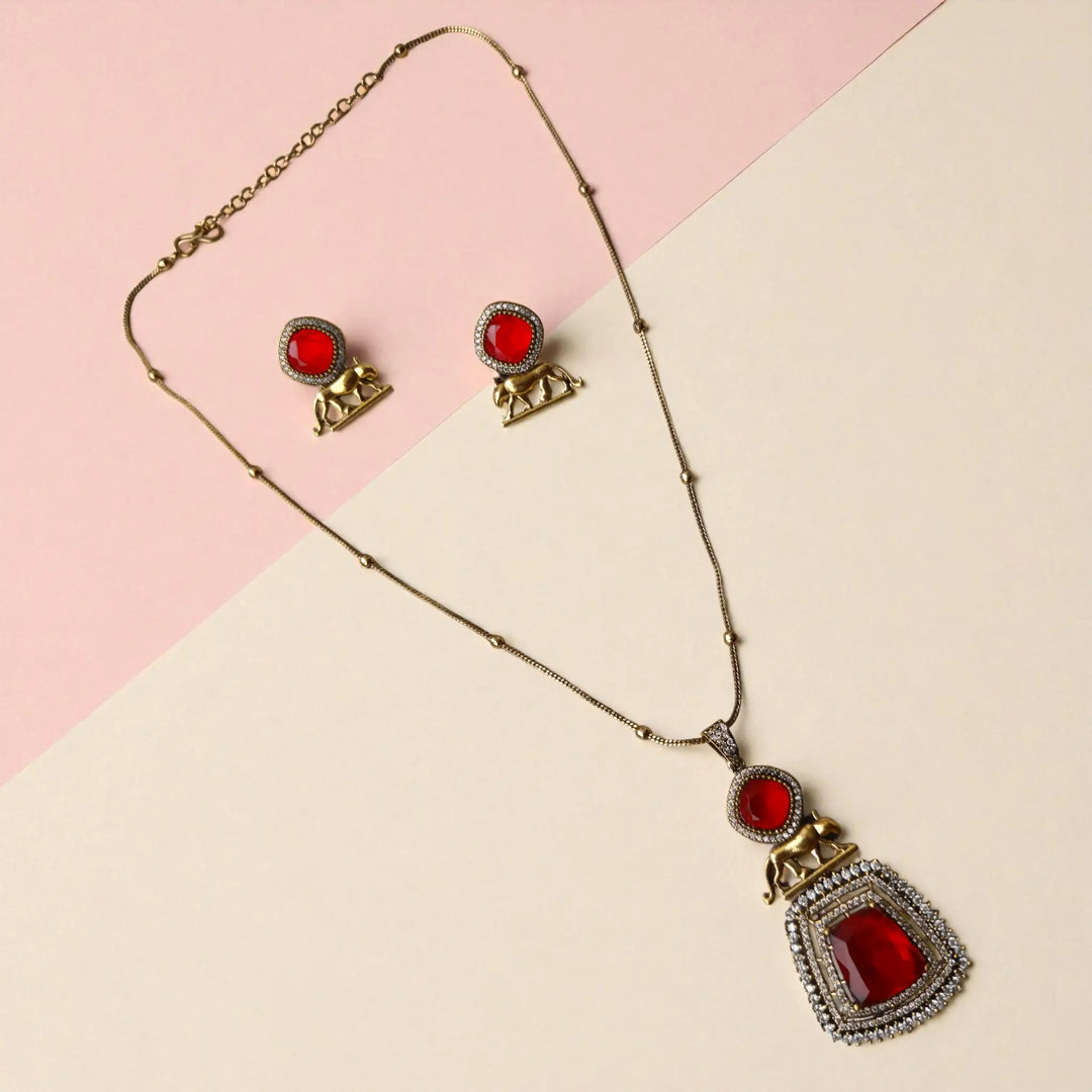 Modern Gold & Red Stone Pendant Necklace Set