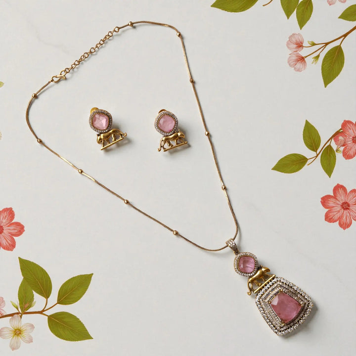 Elegant Gold & Soft Pink Stone Pendant Necklace Set