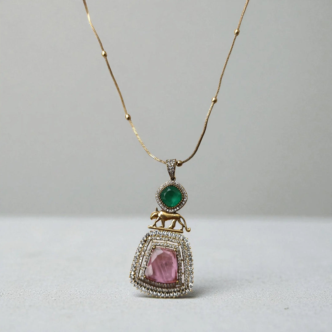 Fusion Gold Green–Pink Stone Pendant Necklace Set
