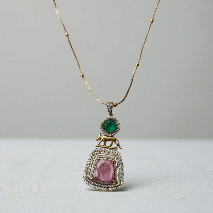 Fusion Gold Green–Pink Stone Pendant Necklace Set