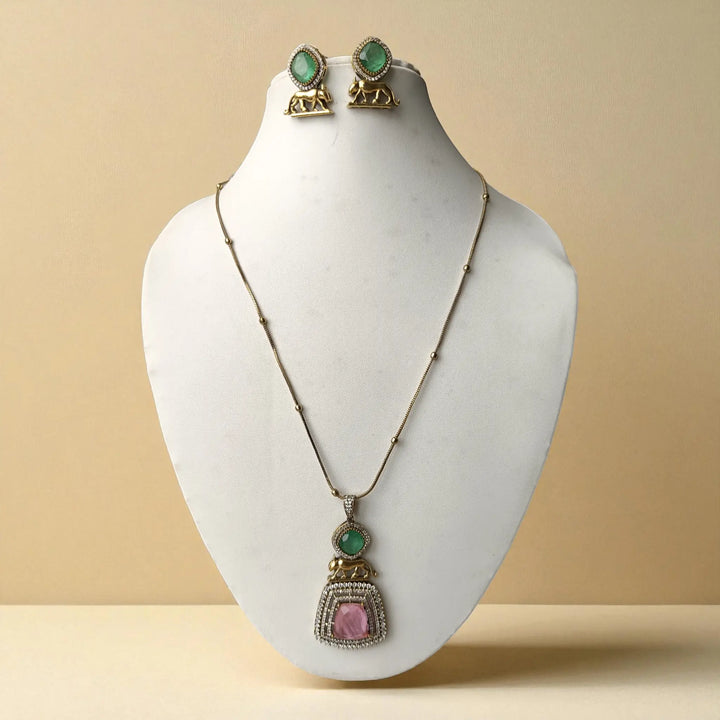 Fusion Gold Green–Pink Stone Pendant Necklace Set