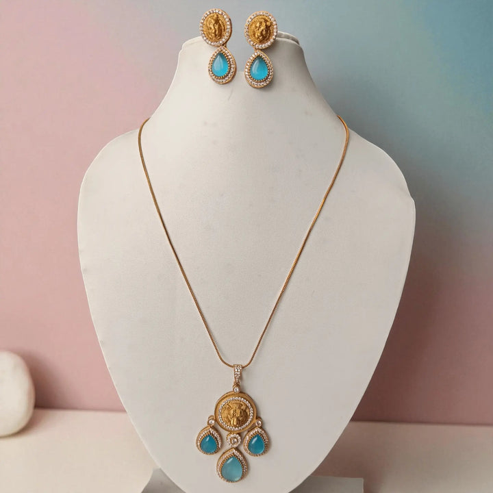 Party Wear Gold & Aqua Blue Stone Necklace Set