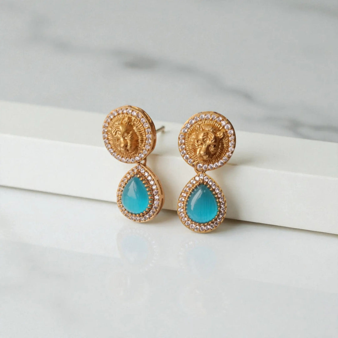 Party Wear Gold & Aqua Blue Stone Necklace Set