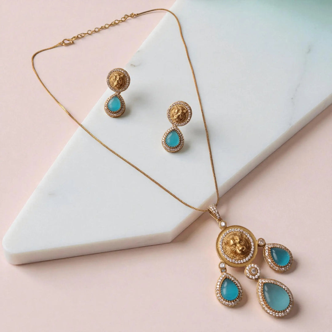 Party Wear Gold & Aqua Blue Stone Necklace Set
