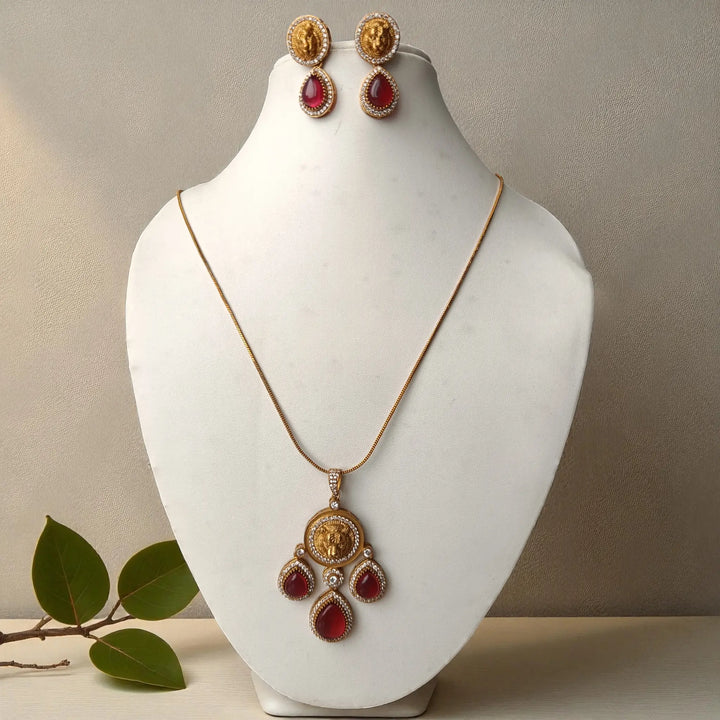 Premium Party Gold & Ruby Red Stone Necklace Set