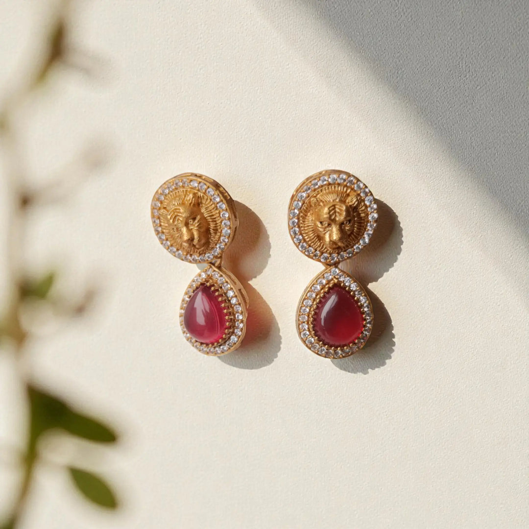 Premium Party Gold & Ruby Red Stone Necklace Set