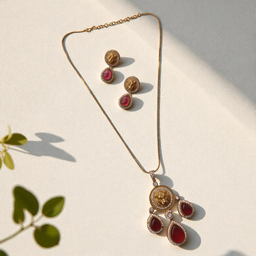 Premium Party Gold & Ruby Red Stone Necklace Set