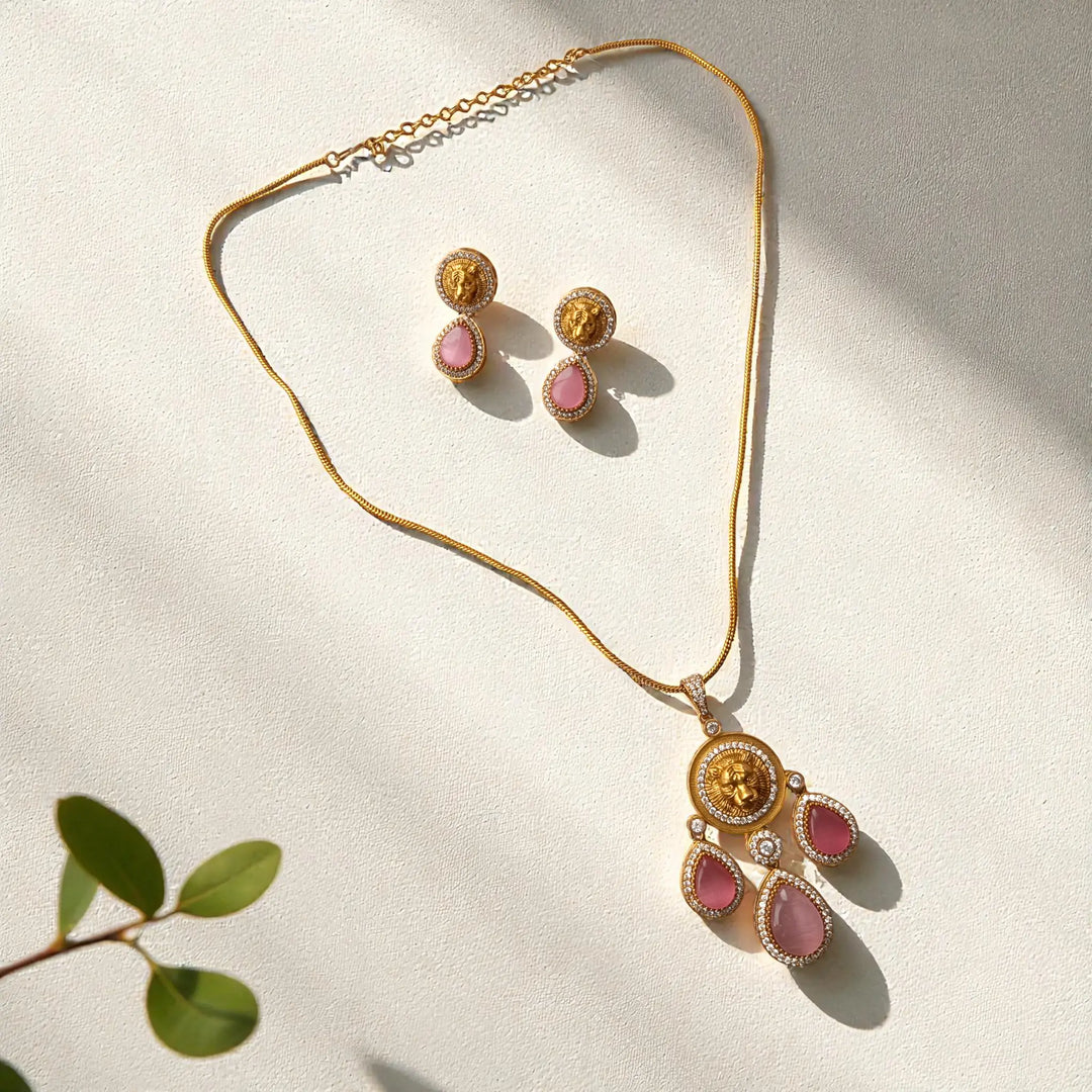 Stylish Party Gold & Pink Stone Necklace Set