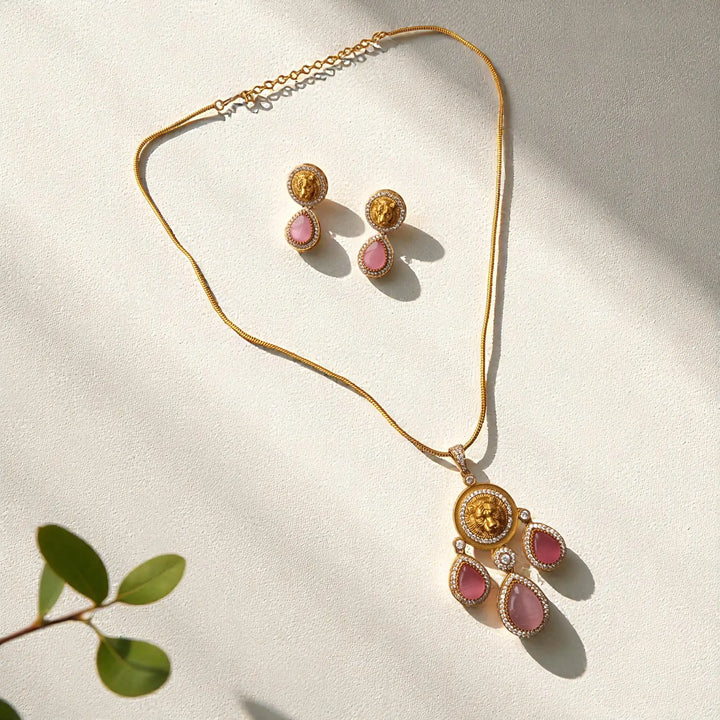Stylish Party Gold & Pink Stone Necklace Set