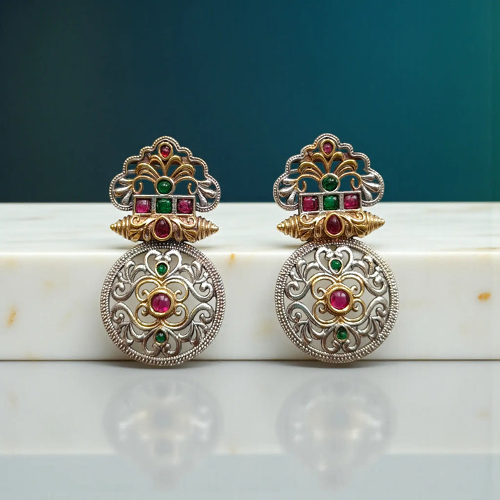Silver Oxidised Temple Round Dual Tone Earrings