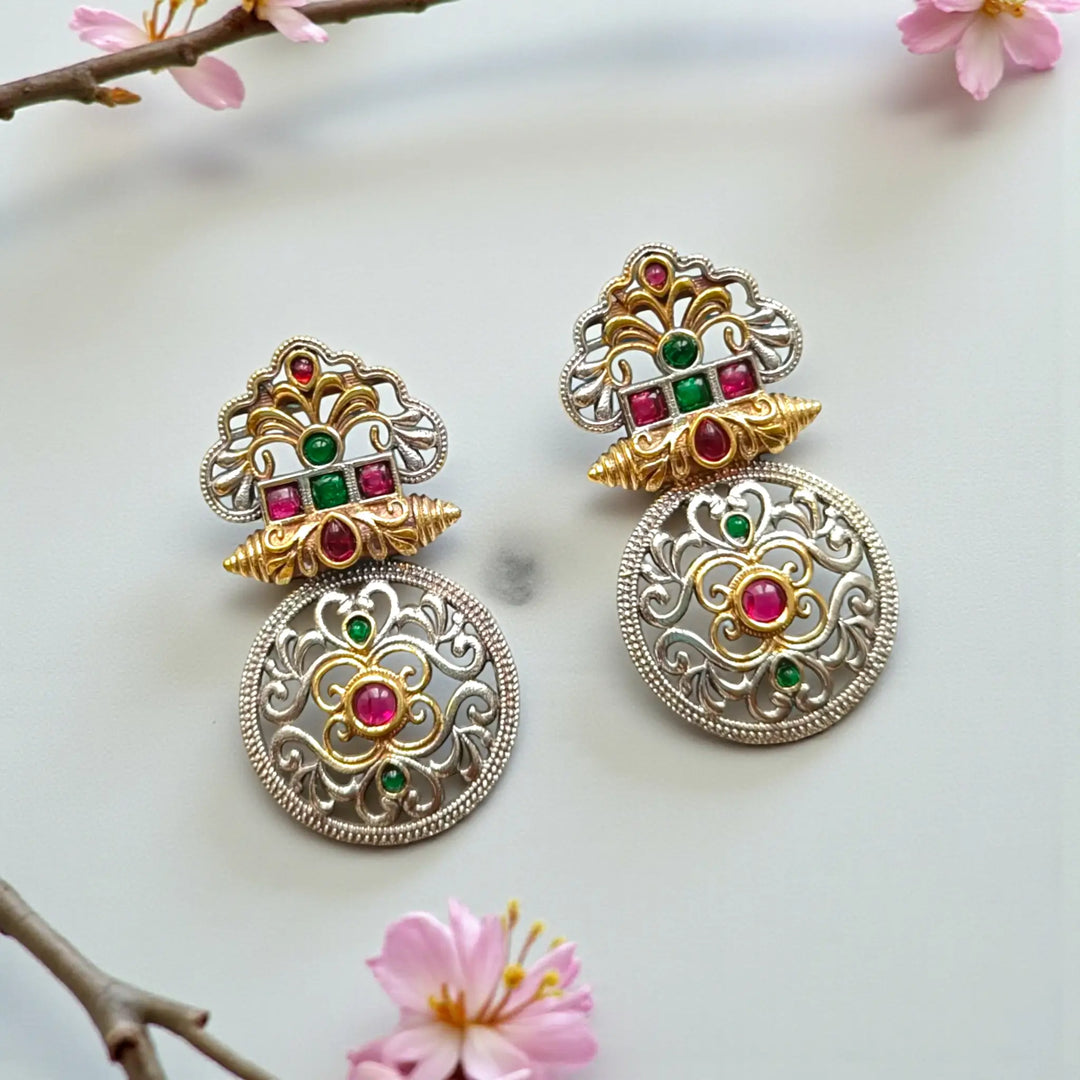 Red & Green Silver Oxidised Temple Round Dual Tone Earrings