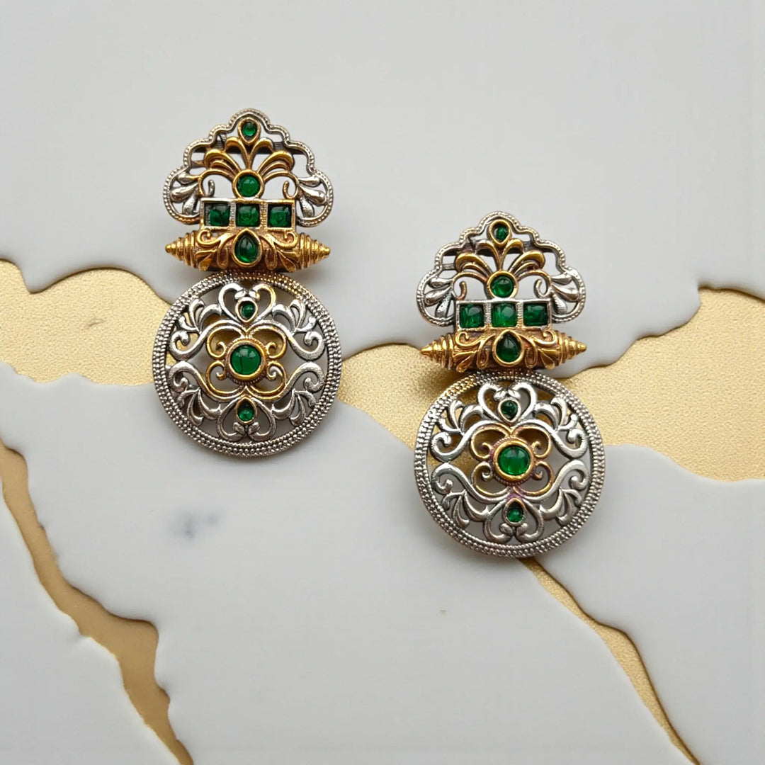 Silver Oxidised Temple Round Dual Tone Earrings