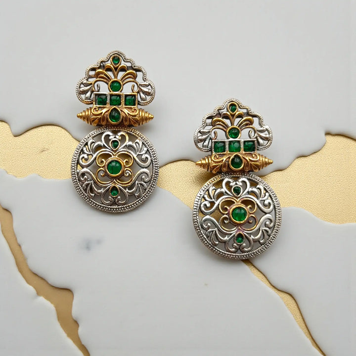 Silver Oxidised Temple Round Dual Tone Earrings