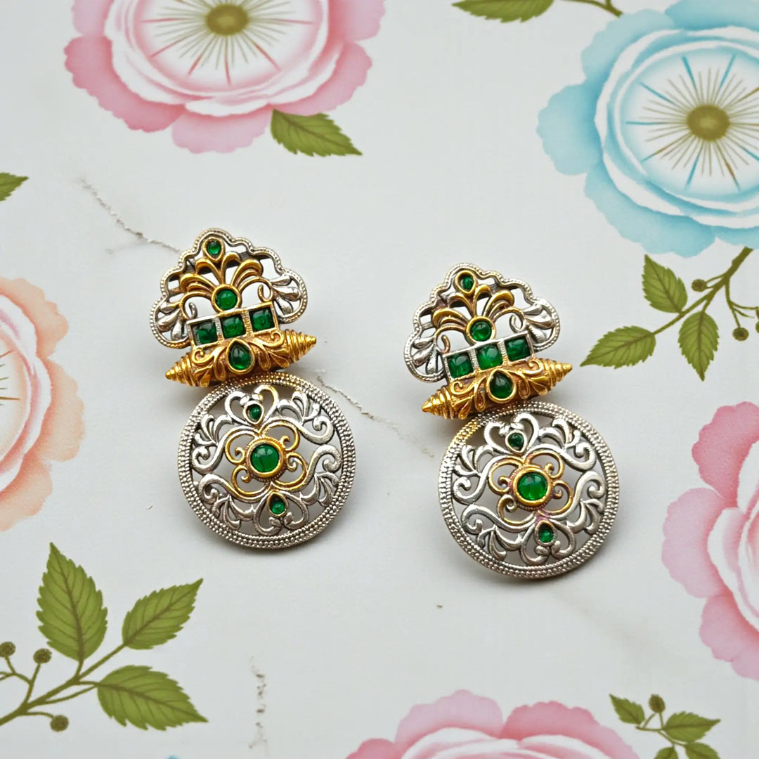 Green Silver Oxidised Temple Round Dual Tone Earrings