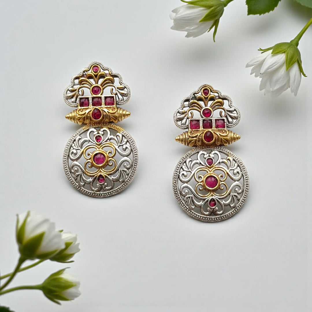 Silver Oxidised Temple Round Dual Tone Earrings