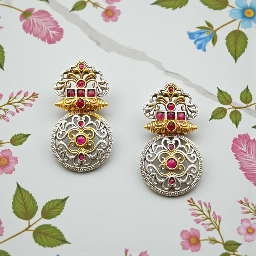 Bright Pink Silver Oxidised Temple Round Dual Tone Earrings