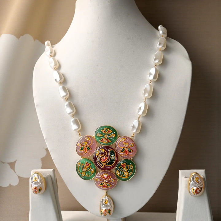 Festive Handcrafted Pink & Green Pearl Necklace Set