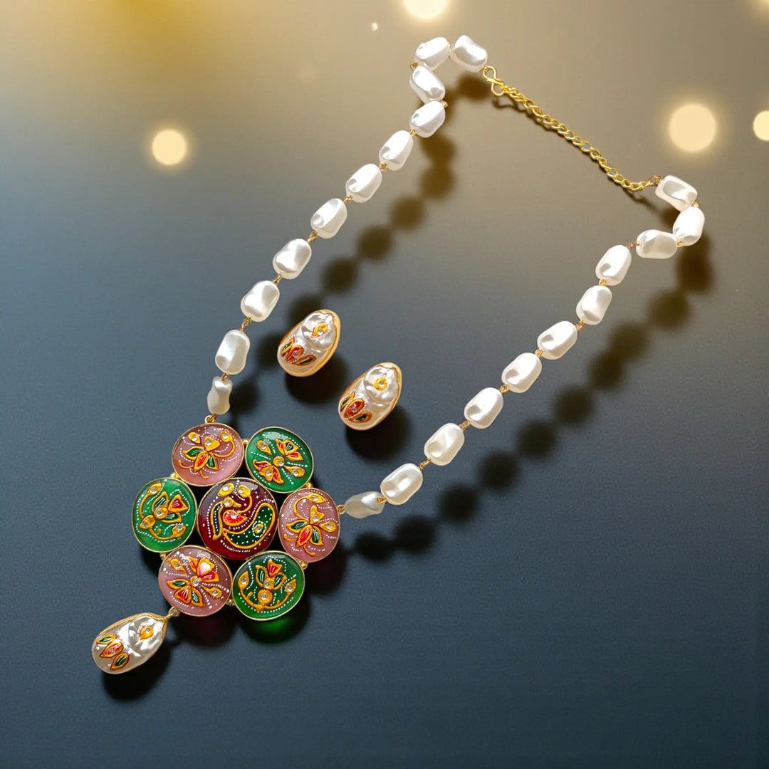 Festive Handcrafted Pink & Green Pearl Necklace Set