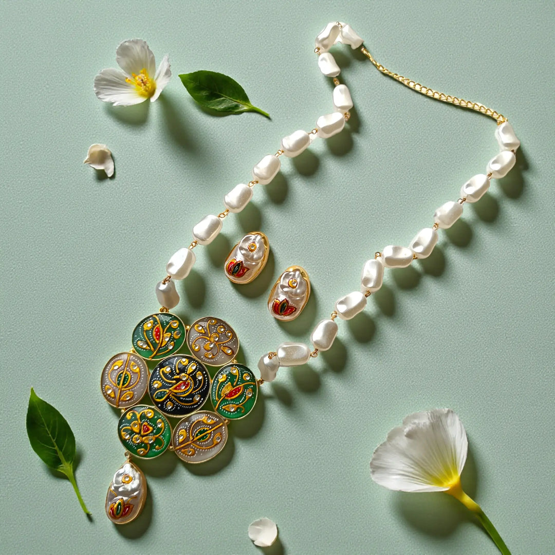 Festive Handcrafted Pink & Green Pearl Necklace Set