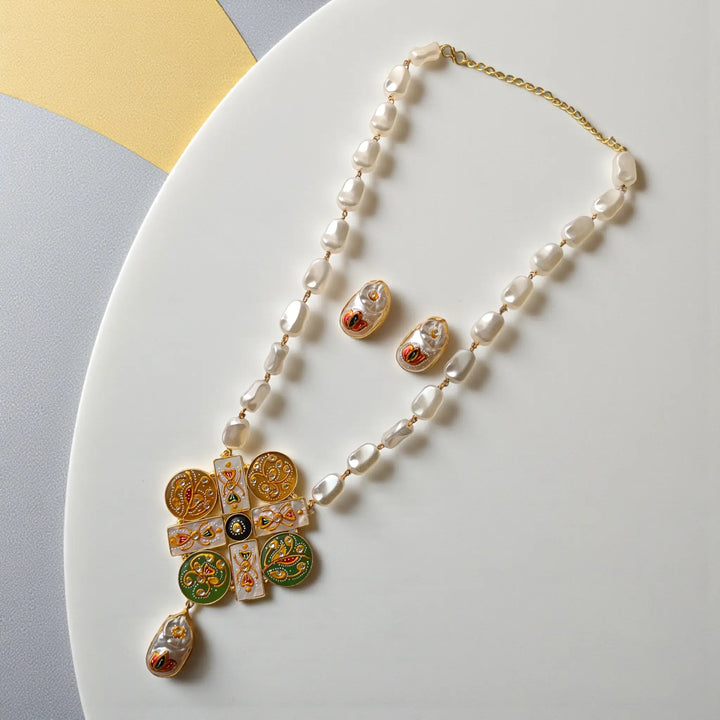 Yellow & Green Pearl Rectangle Necklace Set