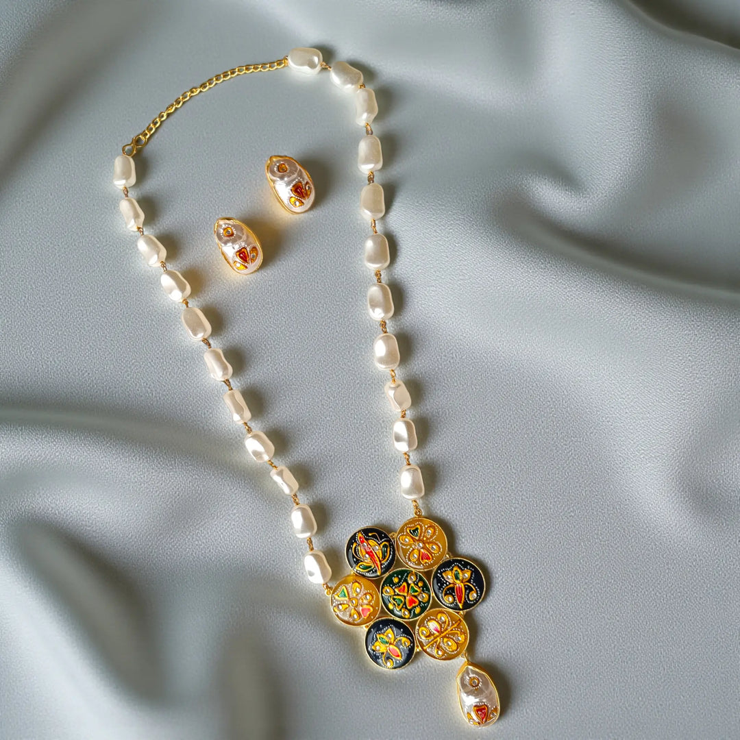 Premium Ethnic Style Navy & Gold Pearl Necklace Set