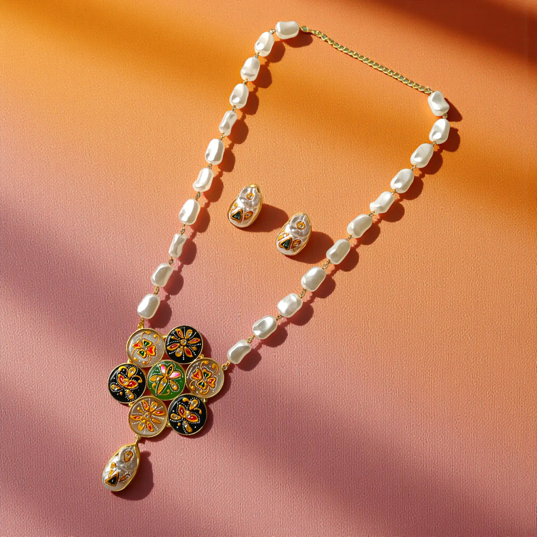 Elegant Festive Look Black & Off white Pearl Necklace Set