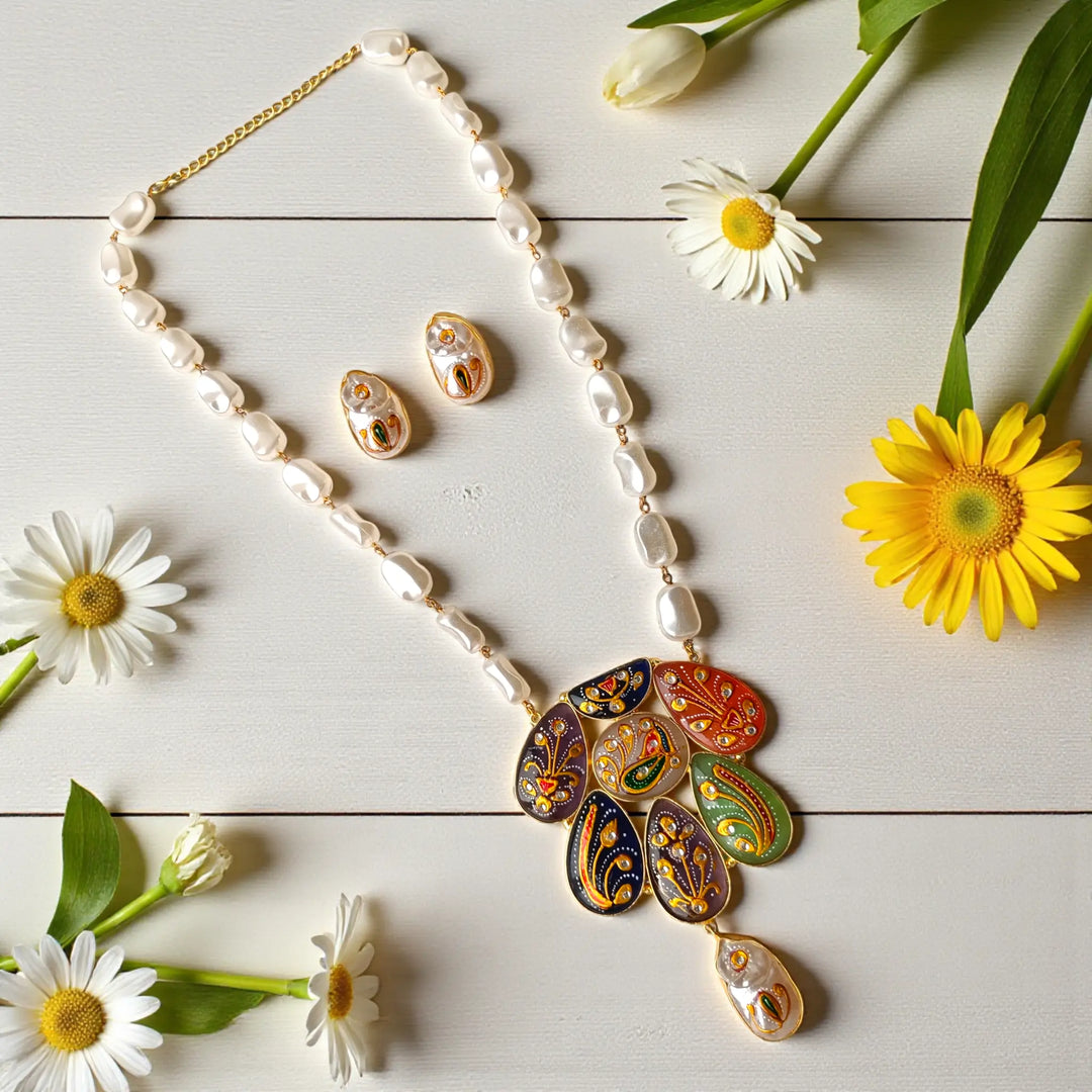 Festive Chic Multicolor Paisley Pearl Necklace Set