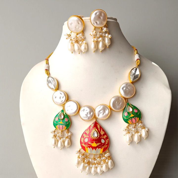 Handcrafted Red & Green Kundan Meenakari Necklace Set
