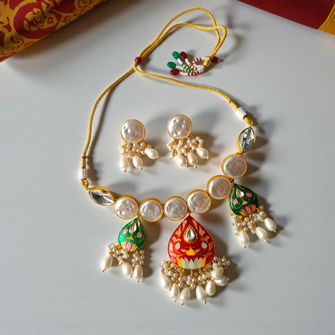Handcrafted Red & Green Kundan Meenakari Necklace Set