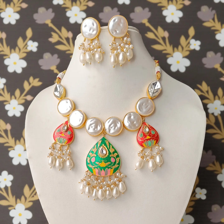 Green & Red Lotus Meenakari Kundan Pearl Necklace Set