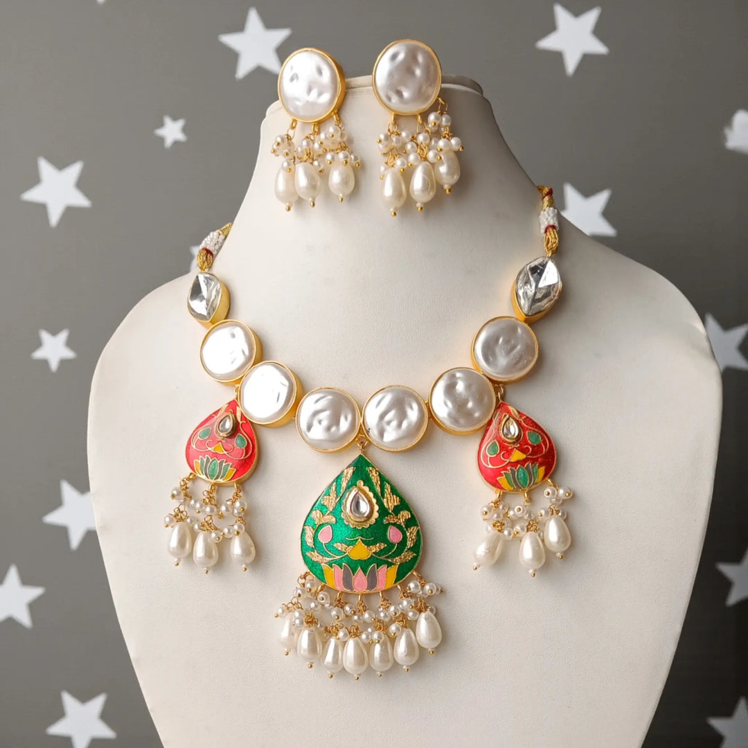 Green & Red Lotus Meenakari Kundan Pearl Necklace Set