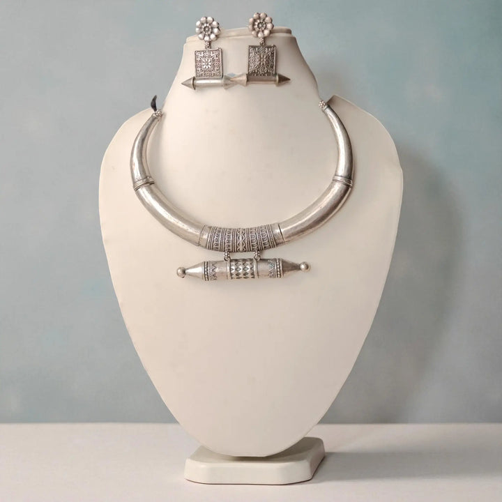 Dhumi Oxidised Silver Tribal Hasli Necklace Set