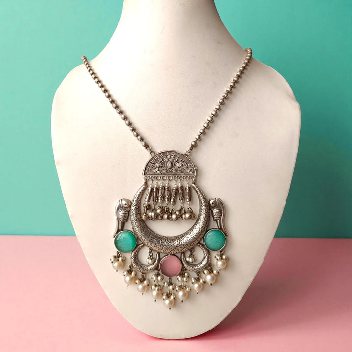 Aqua & Pink Stone Oxidised Crescent Necklace