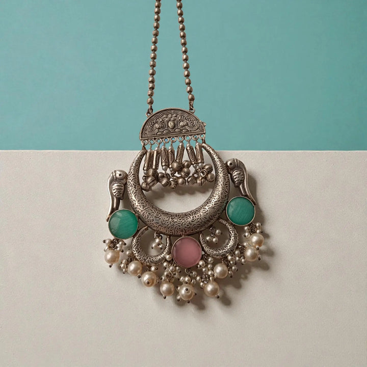 Aqua & Pink Stone Oxidised Crescent Necklace
