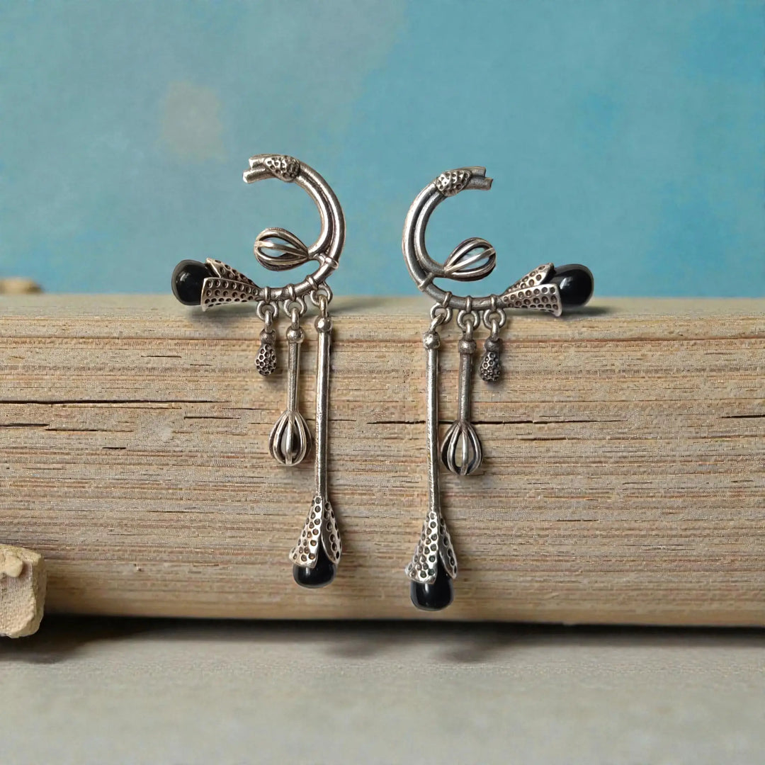 Diva Silver Oxidised Dangling Bloom Earrings