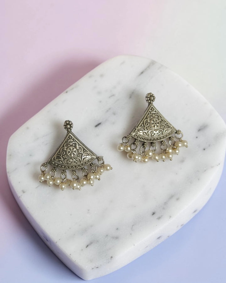 Oxidized Silver Triangular Fan Earrings