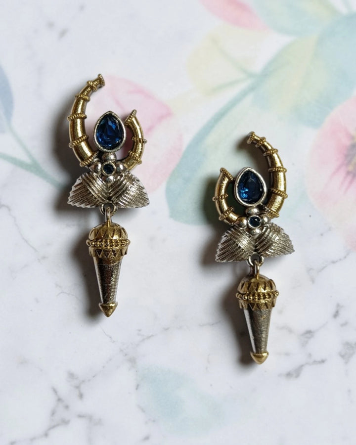 Dual Tone Gilded Arc Ane Blue Statement Earrings