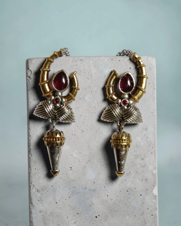 Dual Tone Gilded Arc Ane Red Statement Earrings