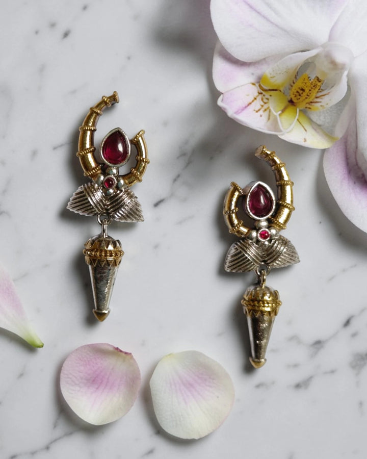 Dual Tone Gilded Arc Ane Red Statement Earrings