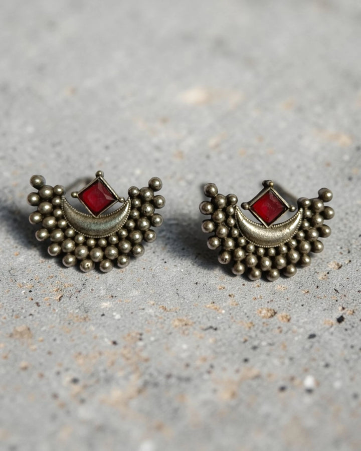 Tribal Silver Ball-Cluster Red Stone Zina Moon Earrings