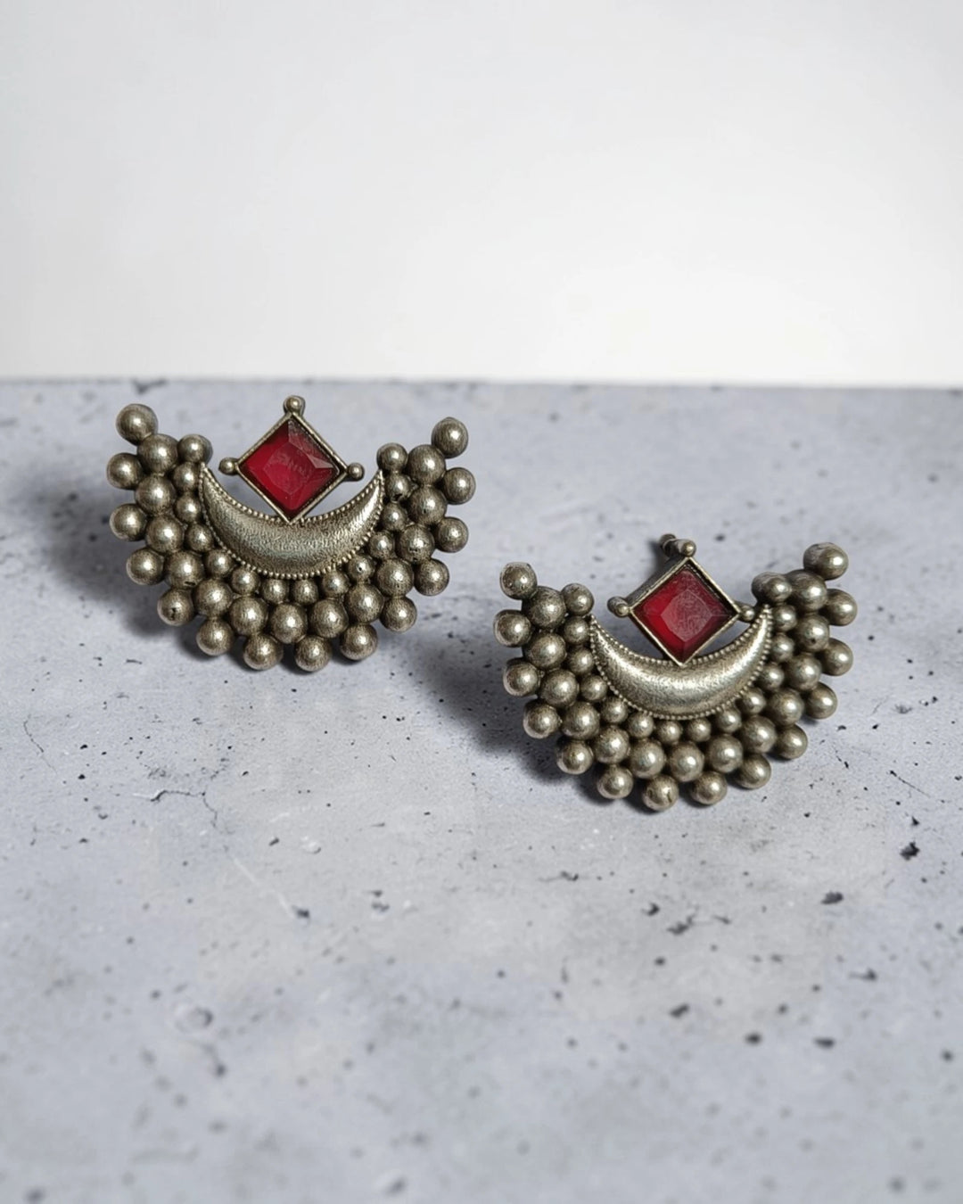 Tribal Silver Ball-Cluster Red Stone Zina Moon Earrings