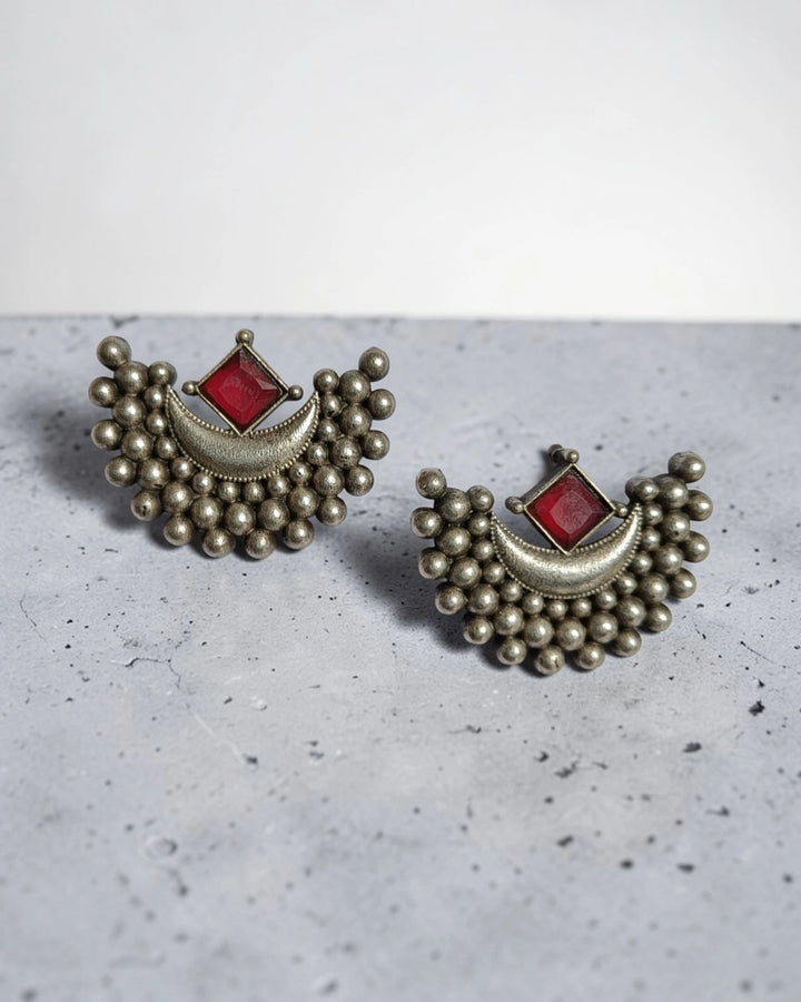 Tribal Silver Ball-Cluster Red Stone Zina Moon Earrings