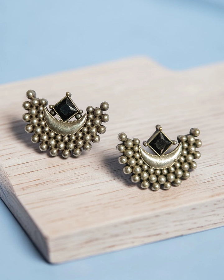 Tribal Silver Ball-Cluster Black Stone Zina Moon Earrings