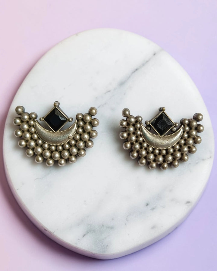 Tribal Silver Ball-Cluster Black Stone Zina Moon Earrings
