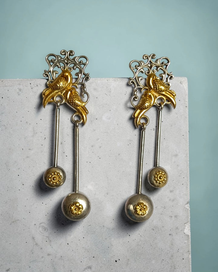 Dual Tone Golden Bird Filigree Long Drop Earrings