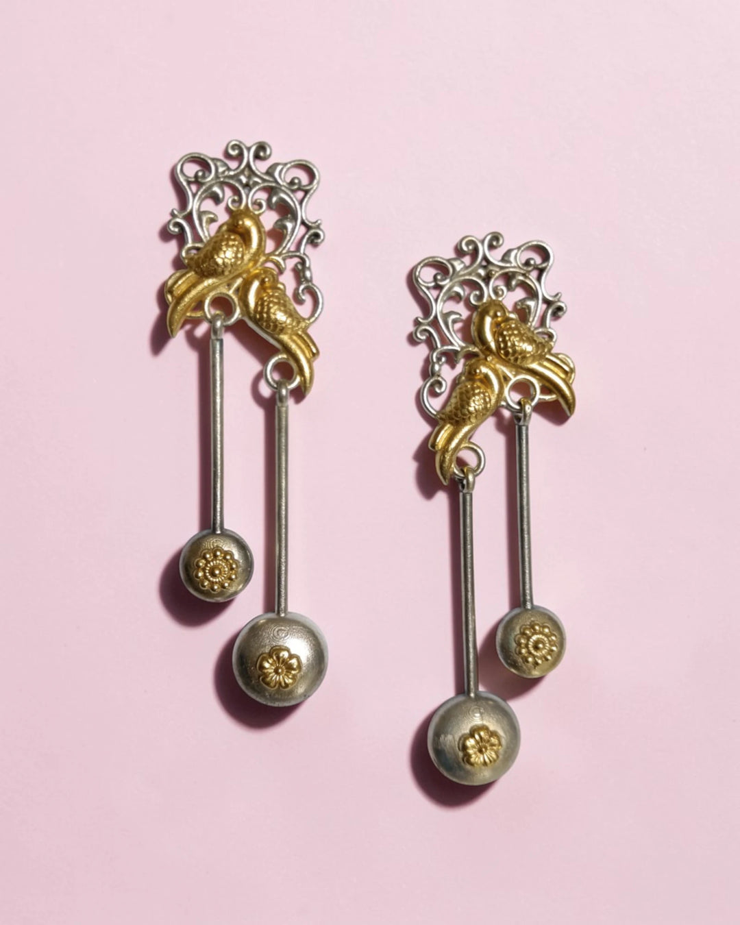 Dual Tone Golden Bird Filigree Long Drop Earrings