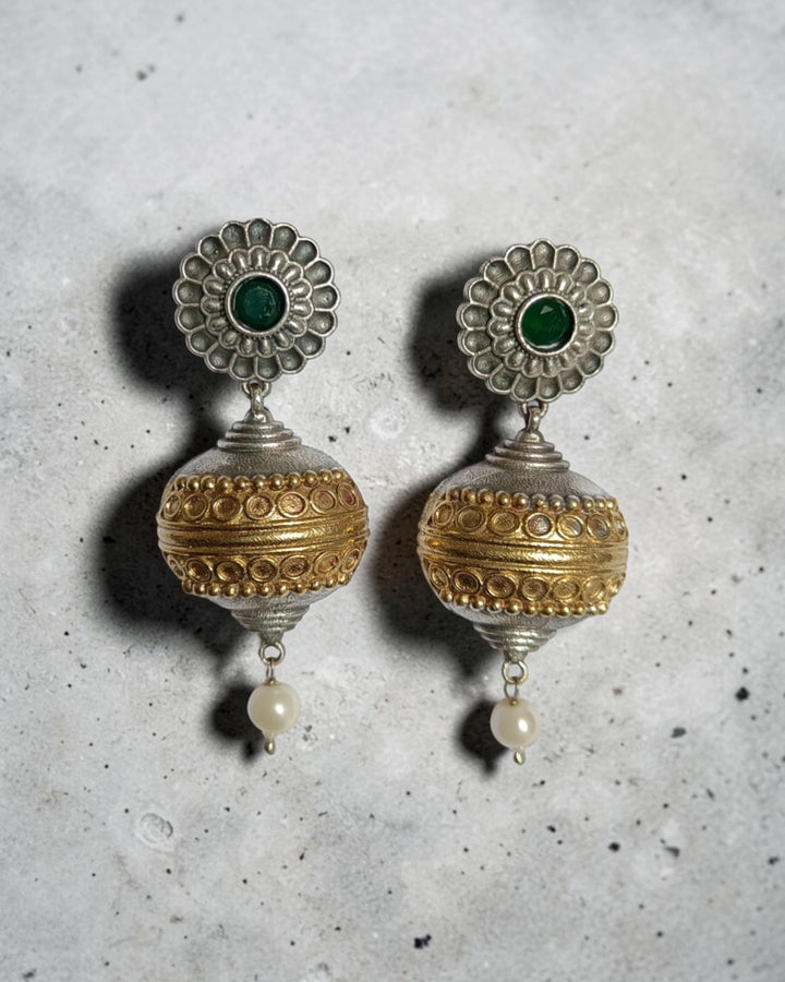 Dira Dual Tone Globe Green Stone Earrings