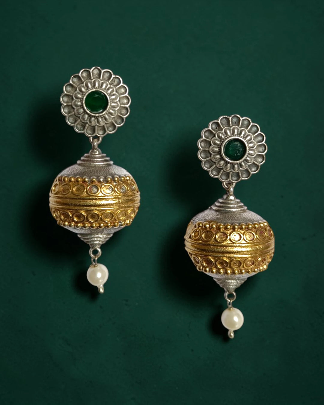 Dira Dual Tone Globe Green Stone Earrings